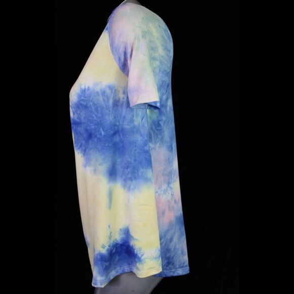 WHITE BIRCH V-NECK LADDER FRONT TEE BLUE PINK YELLOW TIE DYE SS TOP SIZE S NWOT - Picture 2 of 9